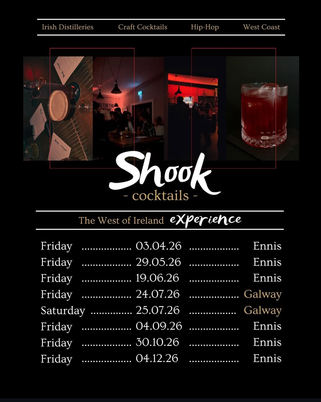 Shook Cocktails event schedule poster listing all upcoming dates and locations
